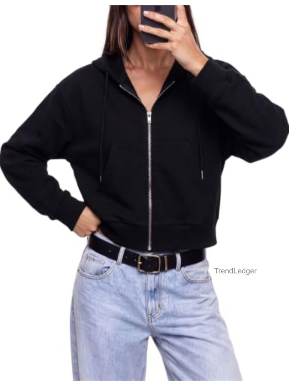 Women's Cropped Zip Up Hoodie Drawstring Slim Fit Workout Sweatshirt
